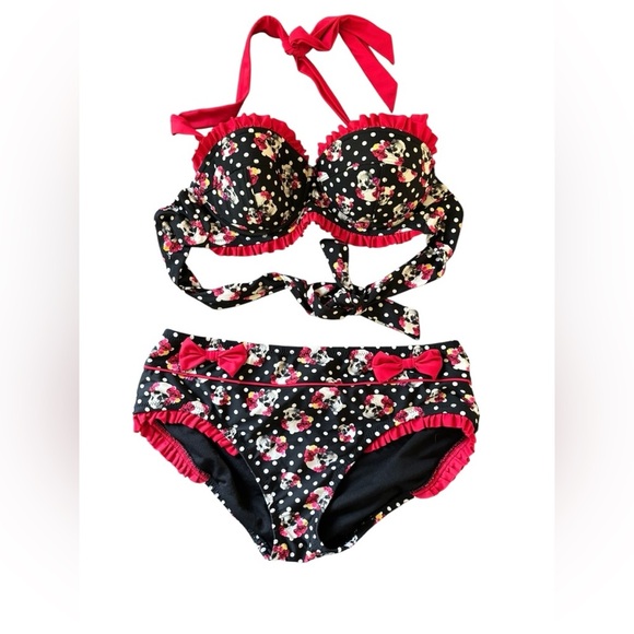 Hot Topic Polka Dot Rose Skull Bikini Sz XS Top M Bottom Black Red Ruffles Bows - Picture 1 of 8